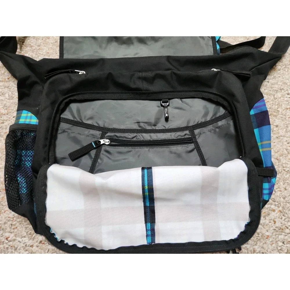 JanSport TB500313 TNXO Messenger Bag Cross Bag Teal Black Plaid Multiple Pockets